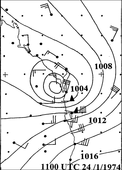 Cyclone Wanda, 1974: mean sea level analysis landfall 24 Jan